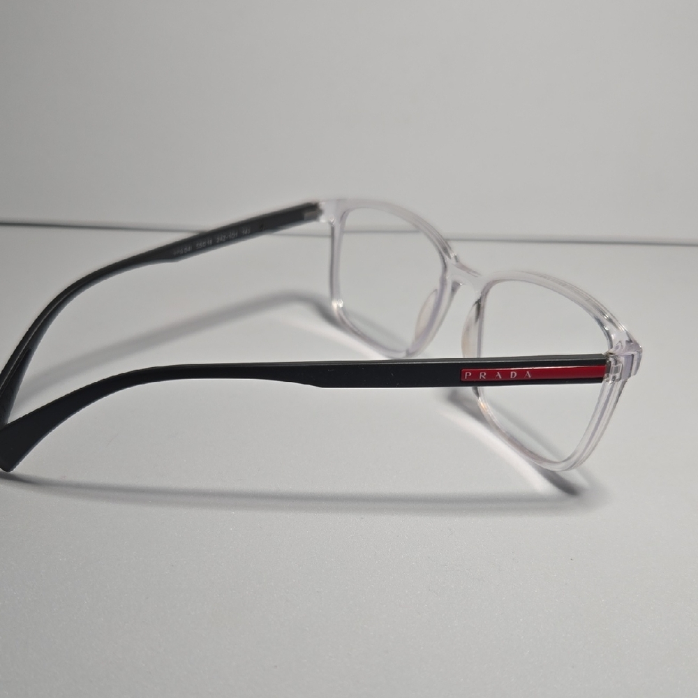 Prada Men's Glasses in Black and Clear with Red Accent